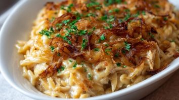 French Onion Chicken Orzo Casserole