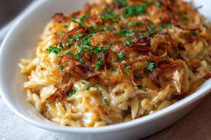 French Onion Chicken Orzo Casserole