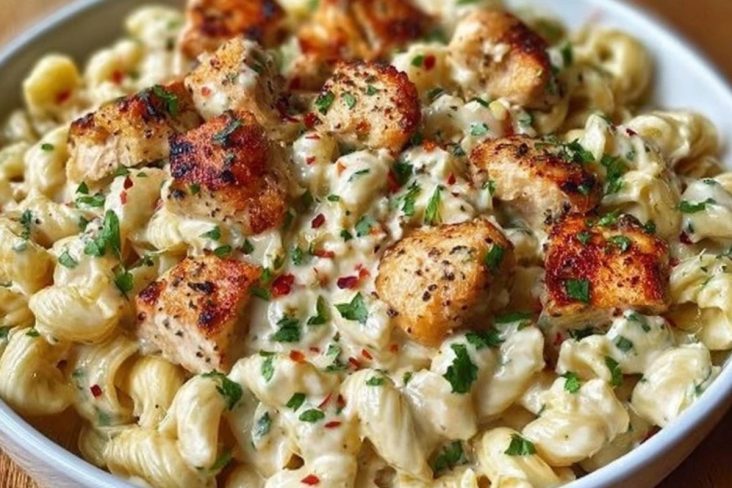 Garlic Chicken Bites and Creamy Cajun Spinach Artichoke Alfredo Pasta