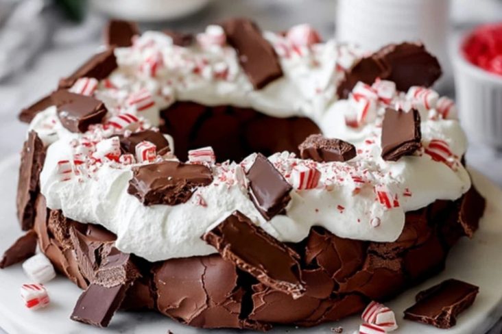 Chocolate Peppermint Christmas Pavlova Wreath Dessert
