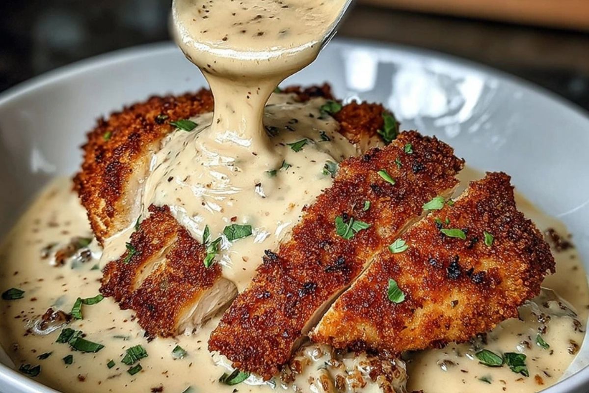 Creamy Parmesan Crusted Chicken with Garlic Sauce