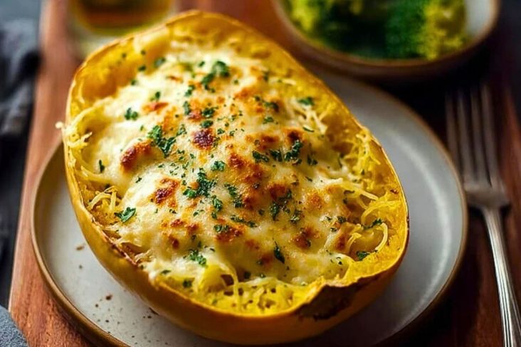 Roasted Spaghetti Squash With Alfredo Sauce and Cheese