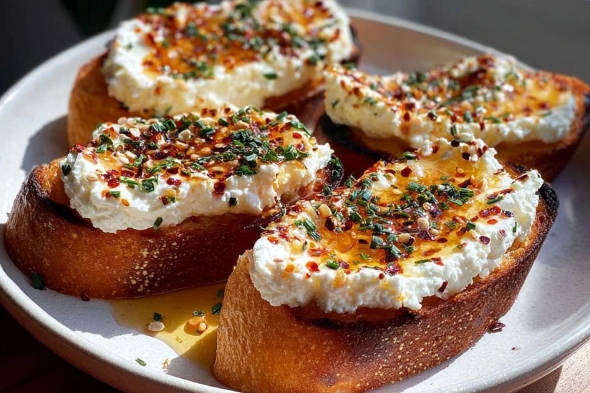 Irresistible Hot Honey Whipped Feta Crostini