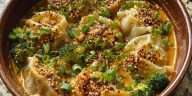 Oven-Baked Dumplings with Peanut Sauce