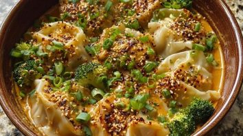 Oven-Baked Dumplings with Peanut Sauce