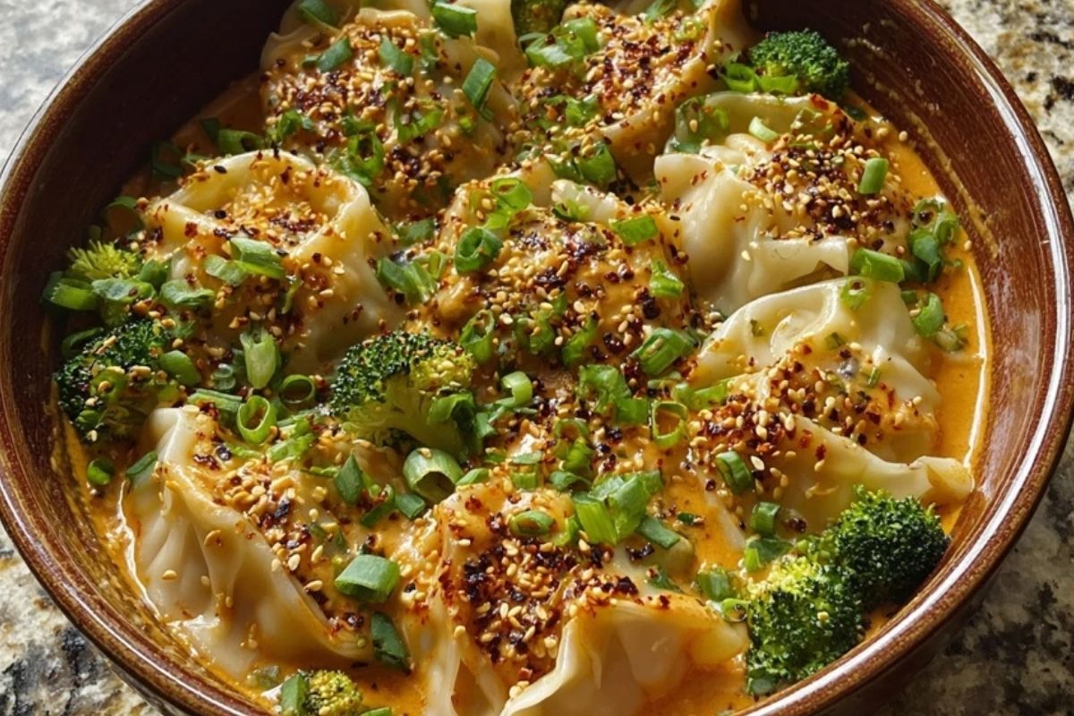Oven-Baked Dumplings with Peanut Sauce