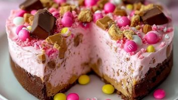 Pink M&M Snickers Cheesecake