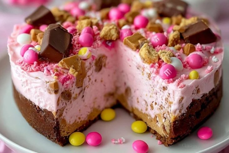 Pink M&M Snickers Cheesecake