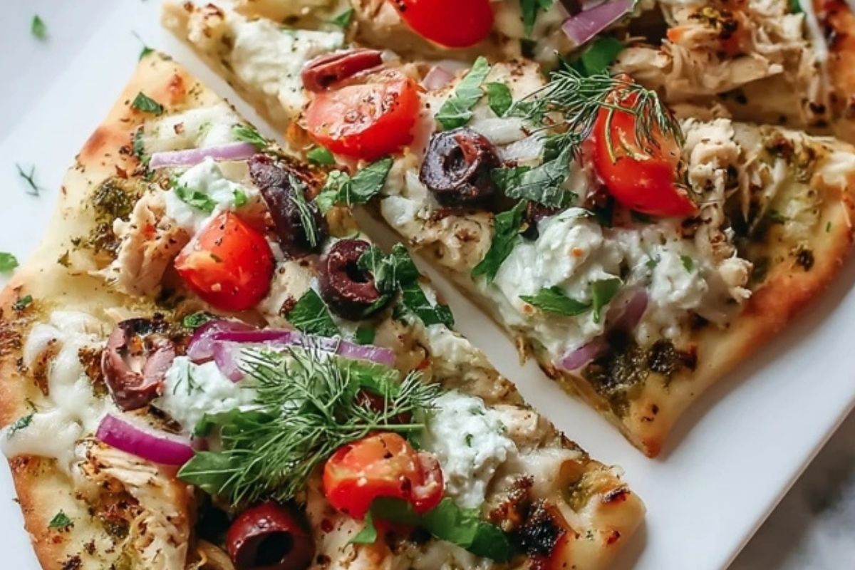 Simple Mediterranean Chicken Flatbread Pizza