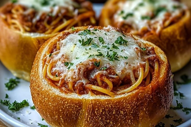 Spaghetti Garlic Bread Bowls